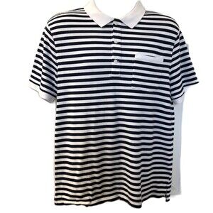 J Crew Authentic Men's Navy Blue Striped Polo Shirt Large Stretch Pique Knit